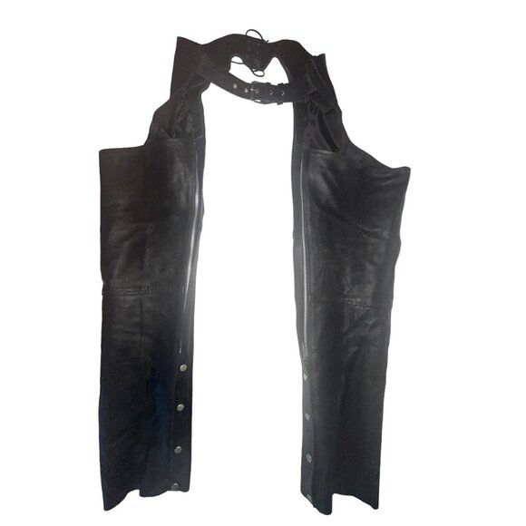 Adult S Black Leather Motorcycle Riding Chaps Adjustable Belt Snap Closure 30-34 - Picture 7 of 14